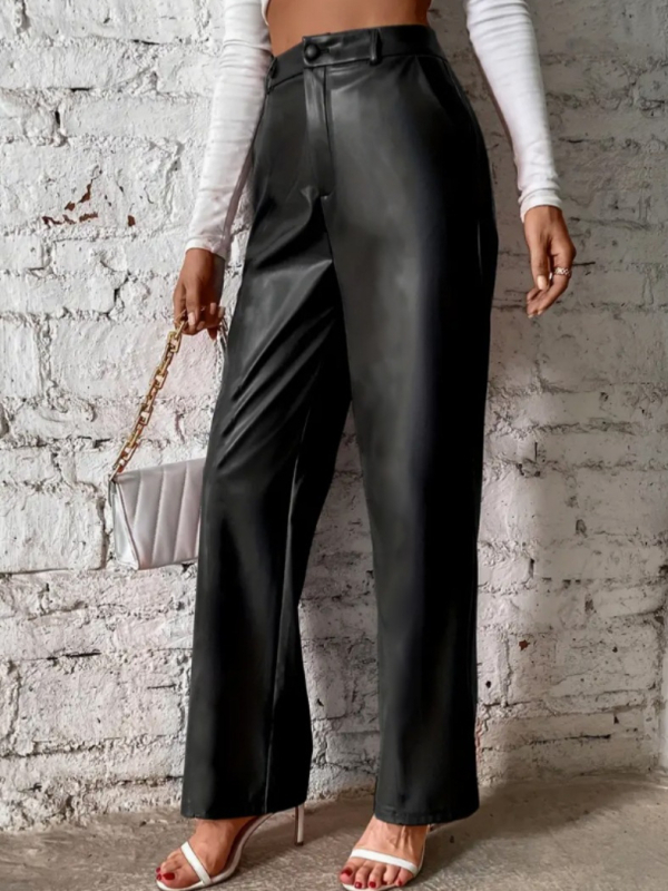 PU nahast igapäevased püksid, kõrge vöökoht, lai lõige, mitmeid taskuid, sügisel 2024