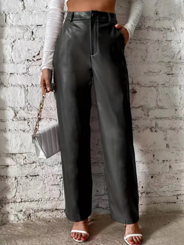 PU nahast igapäevased püksid, kõrge vöökoht, lai lõige, mitmeid taskuid, sügisel 2024