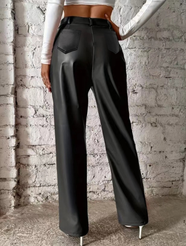 PU nahast igapäevased püksid, kõrge vöökoht, lai lõige, mitmeid taskuid, sügisel 2024