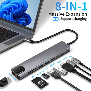 Type-C 8-in-1 dokkimisjaam HDMI väljundiga, USB 3.0 hubiga, SD/TF mälukaartide lugeja — 5Gbps