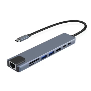 Type-C 8-in-1 dokkimisjaam HDMI väljundiga, USB 3.0 hubiga, SD/TF mälukaartide lugeja — 5Gbps