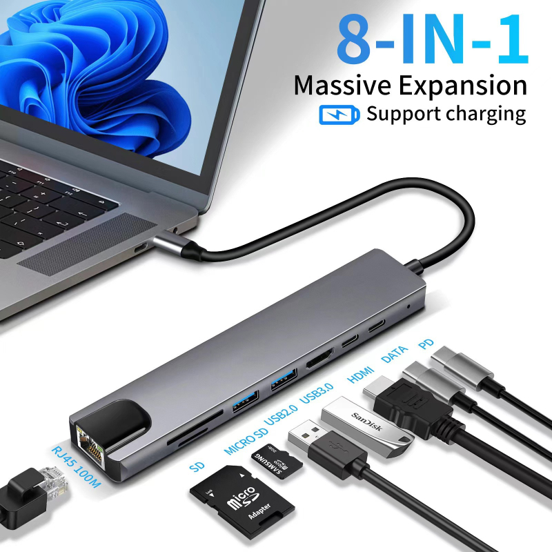 Type-C 8-in-1 dokkimisjaam HDMI väljundiga, USB 3.0 hubiga, SD/TF mälukaartide lugeja — 5Gbps
