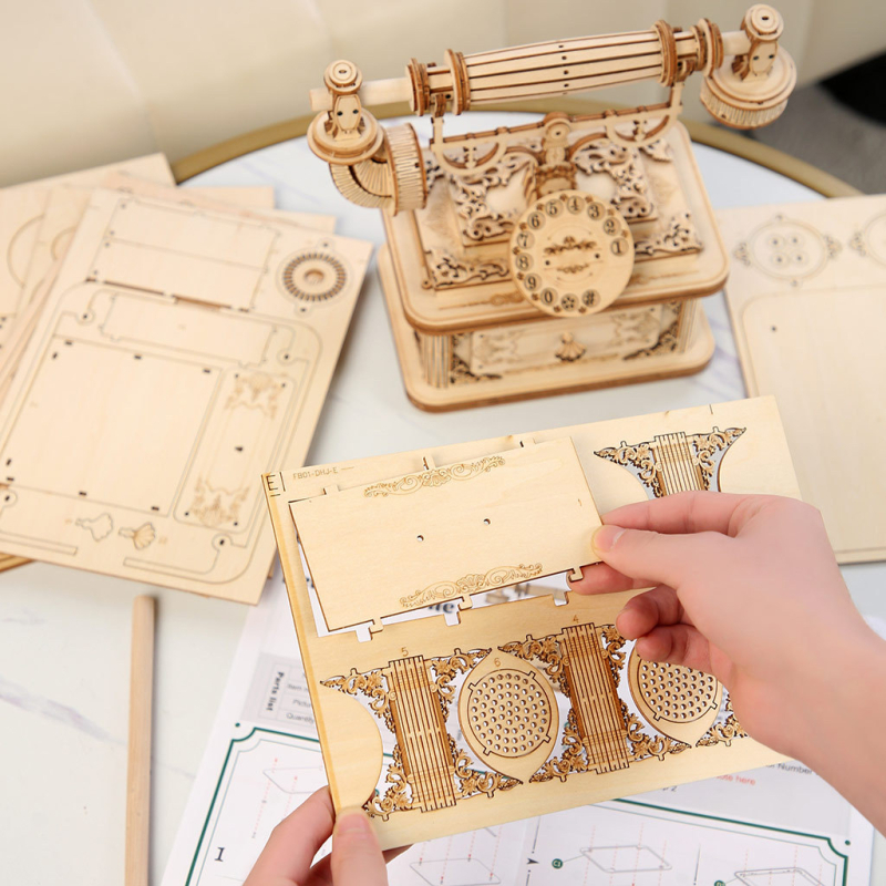 Puidust retro telefonimudel - 3D pusle laua-dekoratsioon, hariv mäng lastele 7–14 aastat, DIY ja kohandamine saadaval