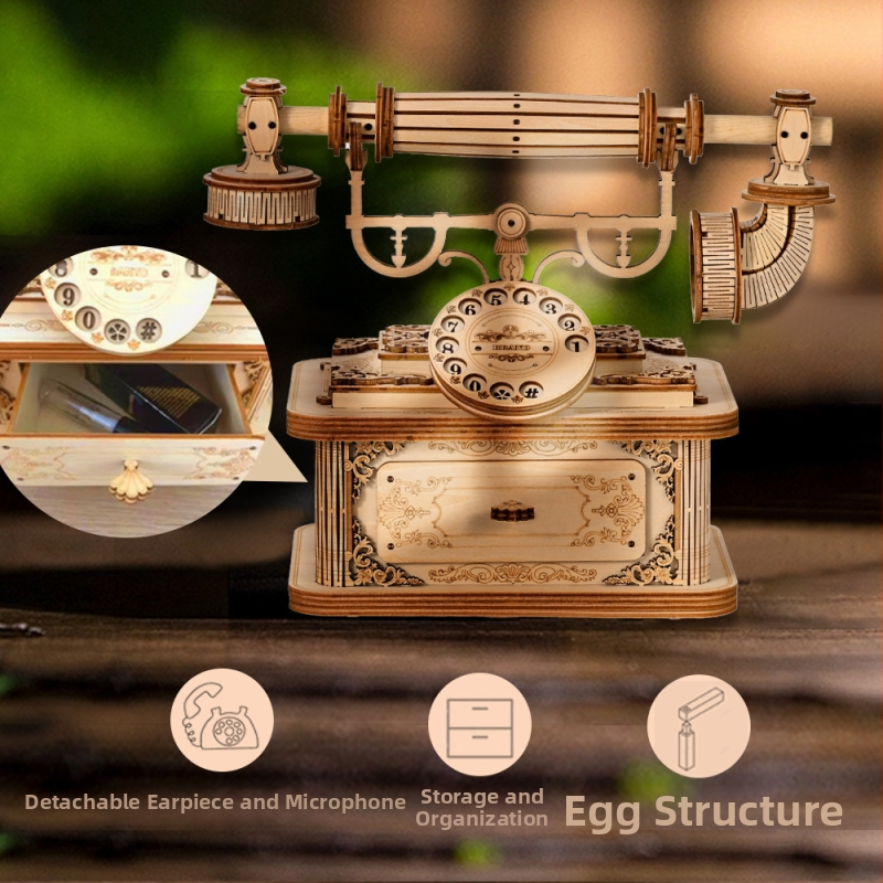 Drevený retro telefón model - 3D puzzle na stôl, vzdelávacia hračka pre deti 7–14 rokov, možnosť DIY a prispôsobenia