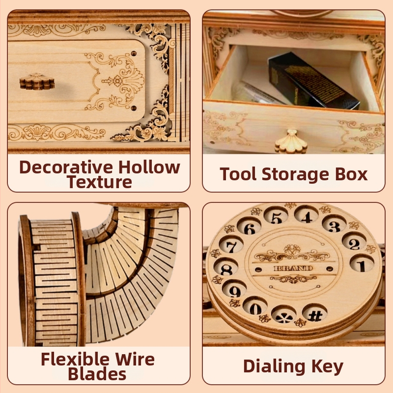 Drevený retro telefón model - 3D puzzle na stôl, vzdelávacia hračka pre deti 7–14 rokov, možnosť DIY a prispôsobenia