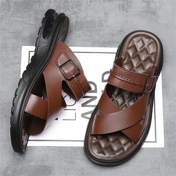 Vīriešu vasaras sandales ar atvērtu pirkstu, gumijas zole, augšējā daļa no mikrošķiedras ādas, pretnoslīdēšana, brīvs stils