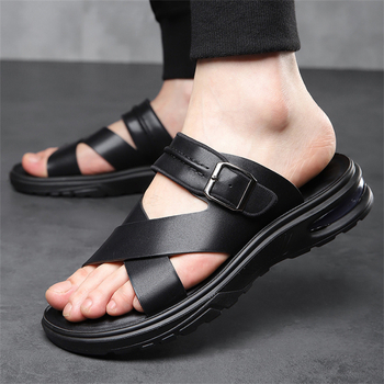 Vīriešu vasaras sandales ar atvērtu pirkstu, gumijas zole, augšējā daļa no mikrošķiedras ādas, pretnoslīdēšana, brīvs stils