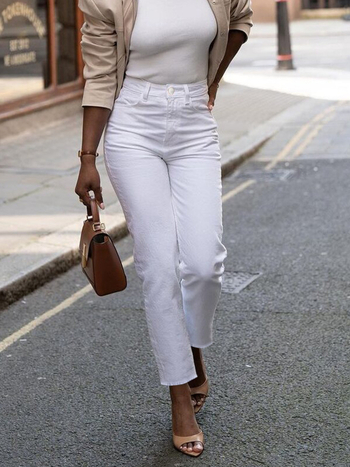 Naiste džinsipüksid, keskne vöökoht, sirge lõige, 9/10 pikkus, puuvill-poliesteri segu, kõrge elastus