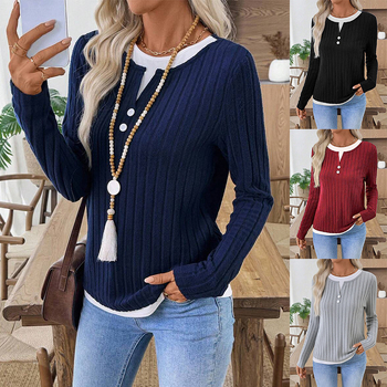 Naistele riibulise materjaliga T-särk, ümmarguse kaelusega, pikkade varrukatega, regulaarne pikkus, Euroopa–Ameerika stiil