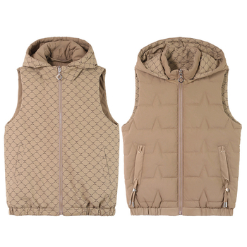 Talvine kahepoolne vest polüesterist materjalist, puuvillase täidisega, eemaldatav kapuuts, tõstetud krae, tõmblukk, vaba lõige