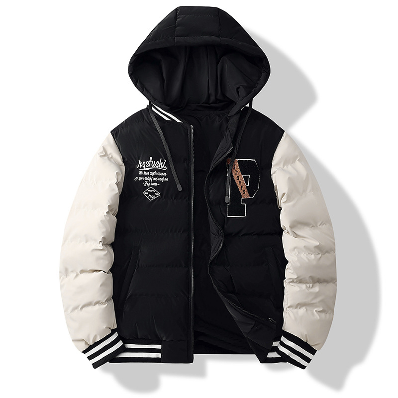 Meeste talvejakk kapuutsiga, kahesuunaline, paksu täidisega polüester-puuvillaseguga, värviplokk disain, tõmblukuga