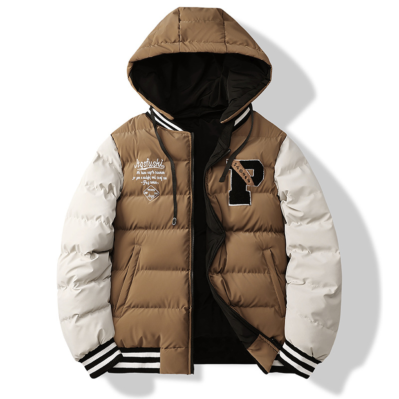 Meeste talvejakk kapuutsiga, kahesuunaline, paksu täidisega polüester-puuvillaseguga, värviplokk disain, tõmblukuga