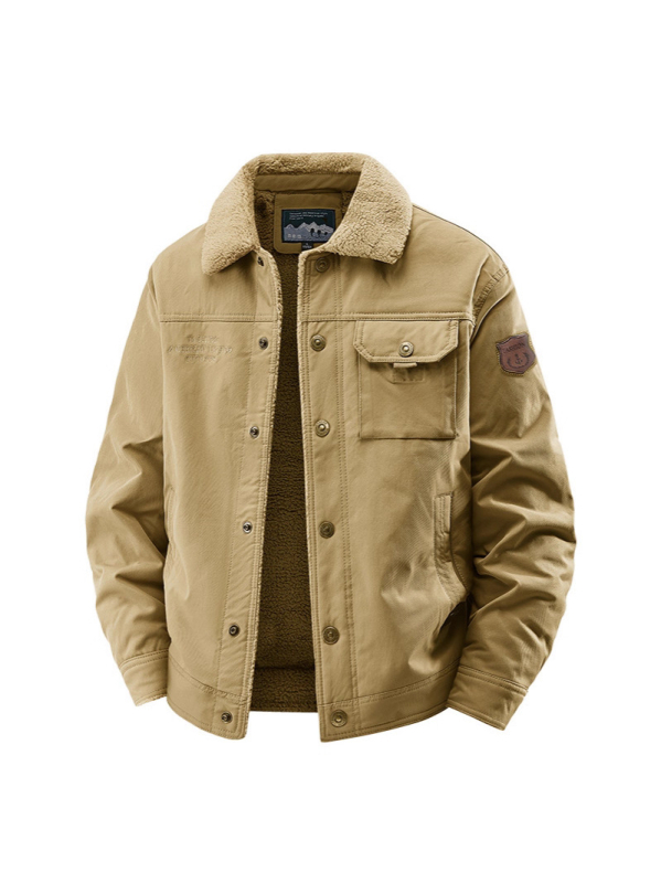 Meeste jakk reveriga, fleecevooder, paks, minimalistlik stiil, külgtaskud