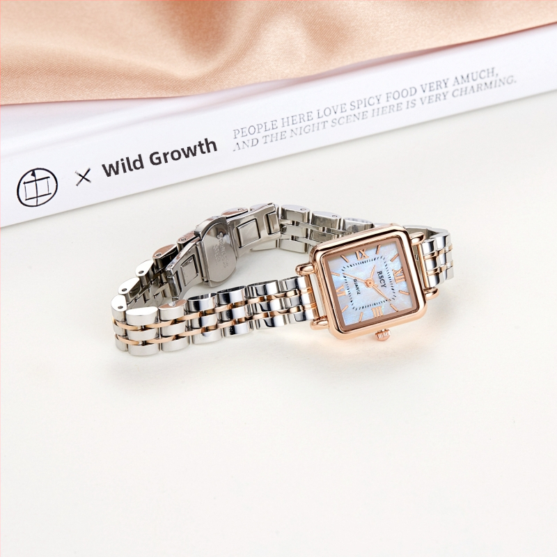 Naiste ruudukujuline käekell - Kvartsliikumine, 24-tunnine indikaator, terasest rihm, segukorpus, veekindlus 10 m