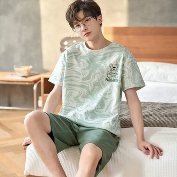 Meeste puuvillased pidžaamad suveks, lühikeste käistega, ümarmarguse kaelusega, õhuke materjal, antibakteriaalne, lühikesed püksid