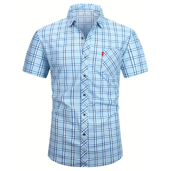 Ruuduline lühikeste varrukatega särk, polüester, ees nööpide disain, mudel 2026