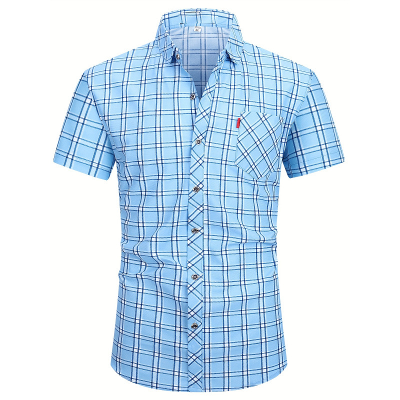 Ruuduline lühikeste varrukatega särk, polüester, ees nööpide disain, mudel 2026