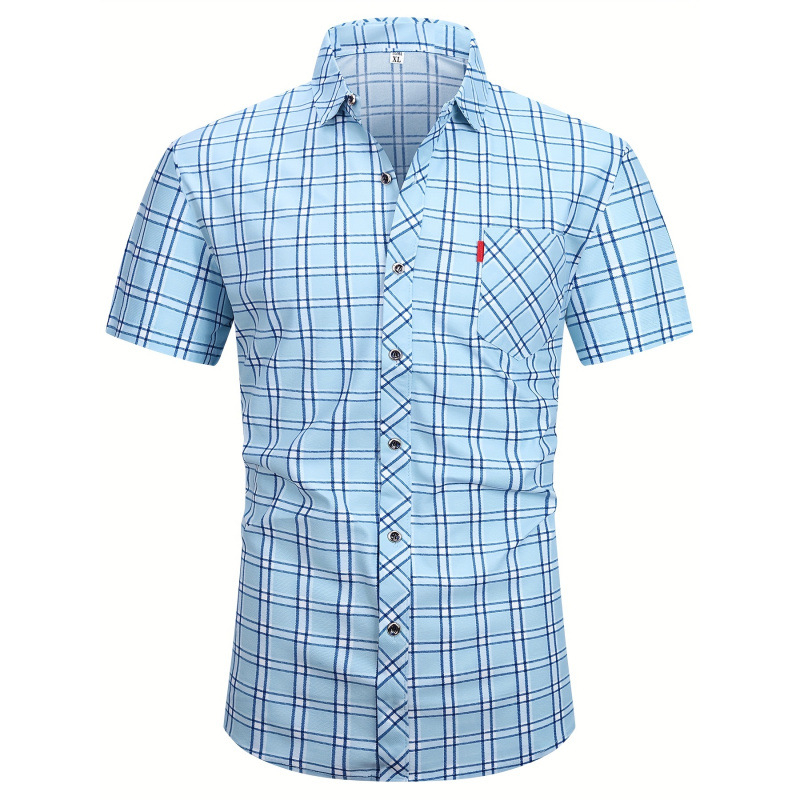 Ruuduline lühikeste varrukatega särk, polüester, ees nööpide disain, mudel 2026