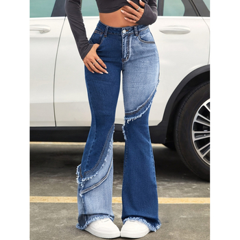 Denim bell-bottom püksid fleece voodriga, kahekordse taljega, nööriga kinnitatud, keskmine venivus, kulunud äär