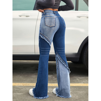 Denim bell-bottom püksid fleece voodriga, kahekordse taljega, nööriga kinnitatud, keskmine venivus, kulunud äär