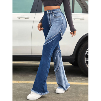 Denim bell-bottom püksid fleece voodriga, kahekordse taljega, nööriga kinnitatud, keskmine venivus, kulunud äär