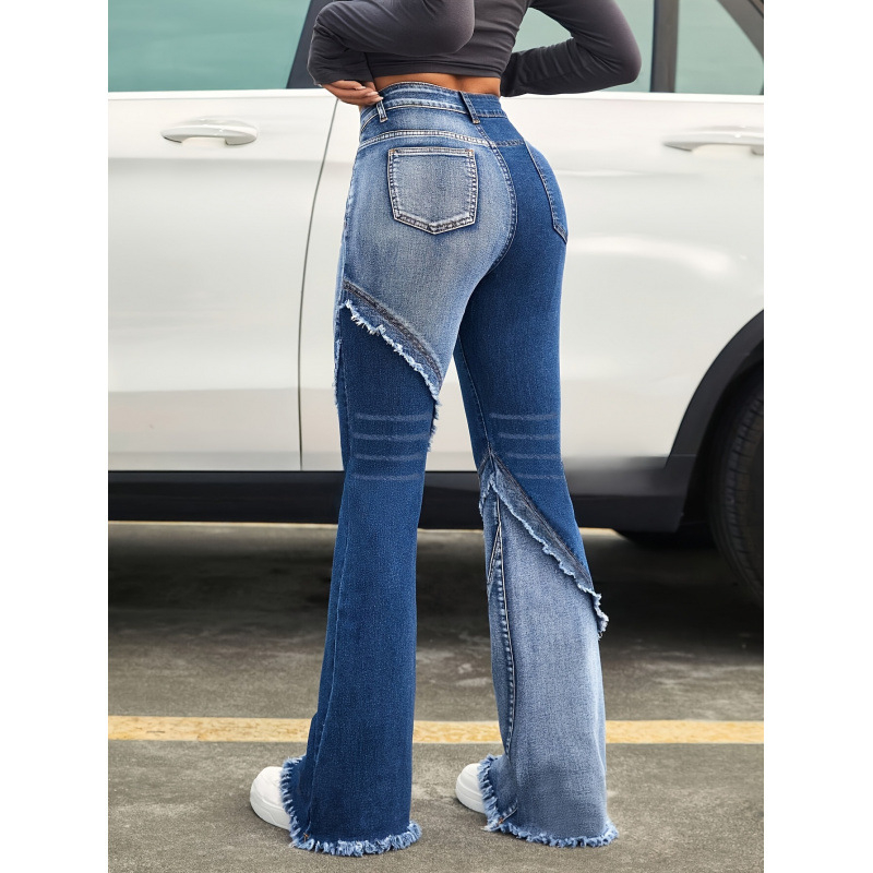 Denim bell-bottom püksid fleece voodriga, kahekordse taljega, nööriga kinnitatud, keskmine venivus, kulunud äär