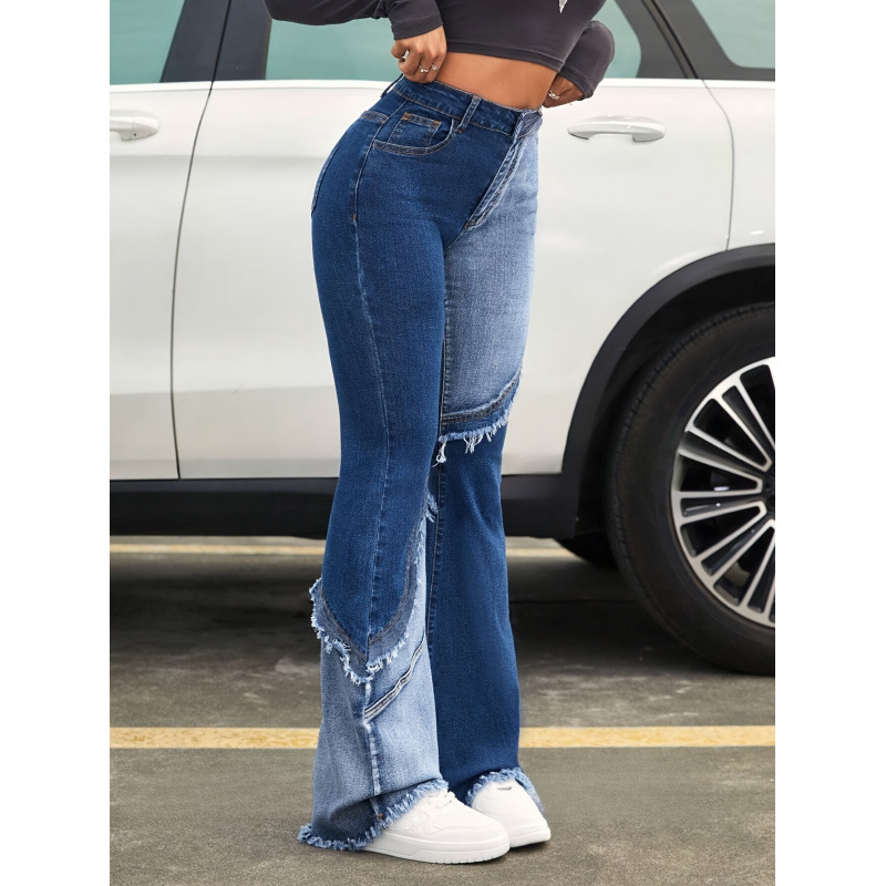 Denim bell-bottom püksid fleece voodriga, kahekordse taljega, nööriga kinnitatud, keskmine venivus, kulunud äär