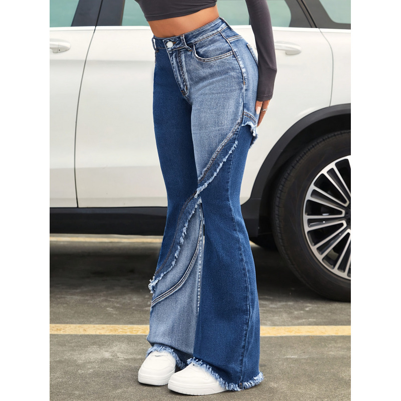 Denim bell-bottom püksid fleece voodriga, kahekordse taljega, nööriga kinnitatud, keskmine venivus, kulunud äär