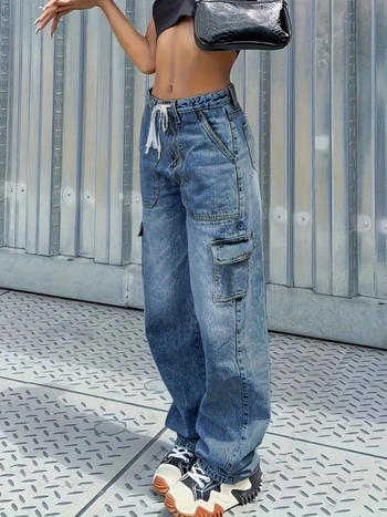 Jeansid sirge lõikega, keskmise vöökoht, puuvillane denim, ees nupuga taskud, pikad püksid (Euroopa ja Ameerika stiil)