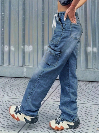 Jeansid sirge lõikega, keskmise vöökoht, puuvillane denim, ees nupuga taskud, pikad püksid (Euroopa ja Ameerika stiil)