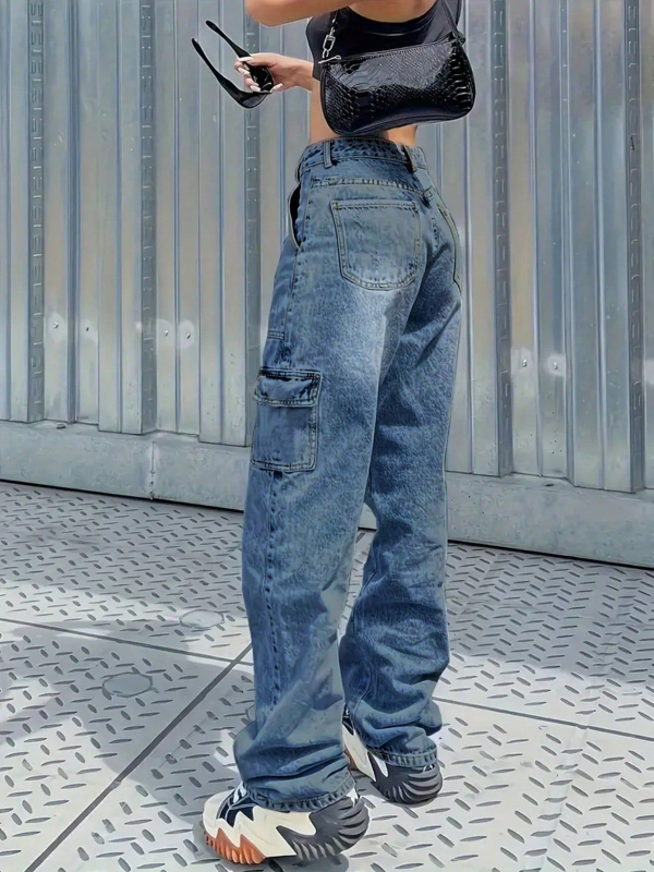 Jeansid sirge lõikega, keskmise vöökoht, puuvillane denim, ees nupuga taskud, pikad püksid (Euroopa ja Ameerika stiil)