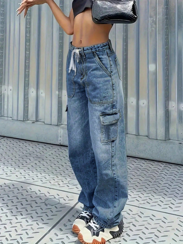 Jeansid sirge lõikega, keskmise vöökoht, puuvillane denim, ees nupuga taskud, pikad püksid (Euroopa ja Ameerika stiil)