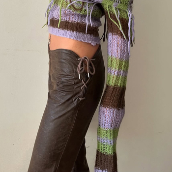 Pikkad püksid madala vöökohtaga, patchwork nahadetailidega, trumpet lõikega, polüester PU-ga, punk street stiil