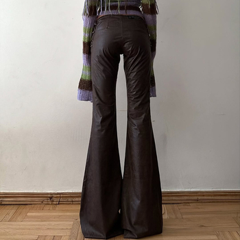 Pikkad püksid madala vöökohtaga, patchwork nahadetailidega, trumpet lõikega, polüester PU-ga, punk street stiil