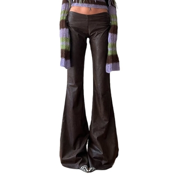 Pikkad püksid madala vöökohtaga, patchwork nahadetailidega, trumpet lõikega, polüester PU-ga, punk street stiil