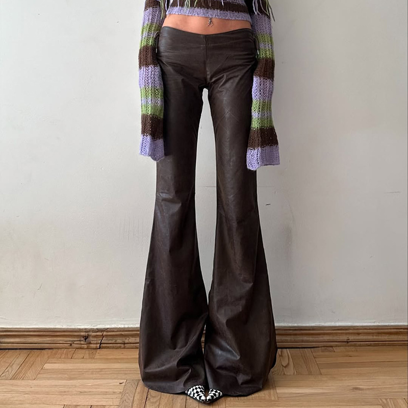 Pikkad püksid madala vöökohtaga, patchwork nahadetailidega, trumpet lõikega, polüester PU-ga, punk street stiil