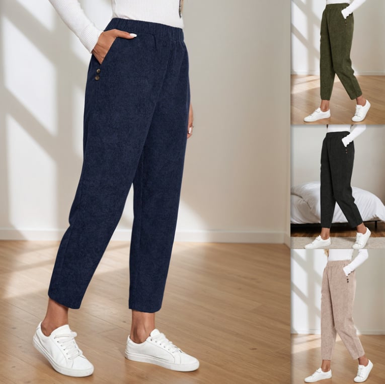 Naiste Casual Corduroy sirge lõikega pikad püksid, polüesteri segu 30–50%, elastne vöökoht, sügis 2025