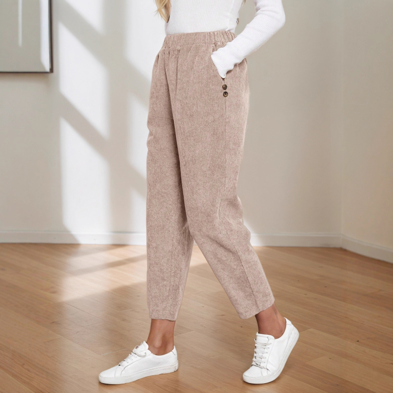 Naiste Casual Corduroy sirge lõikega pikad püksid, polüesteri segu 30–50%, elastne vöökoht, sügis 2025