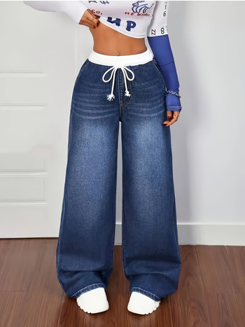 Naiste kõrge vöökoht, laiad denim püksid puuvilla-elastaani segu, pikad