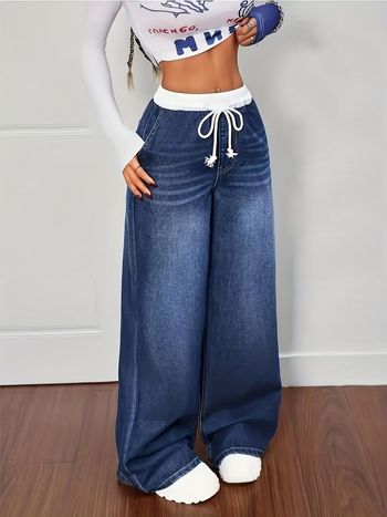 Naiste kõrge vöökoht, laiad denim püksid puuvilla-elastaani segu, pikad