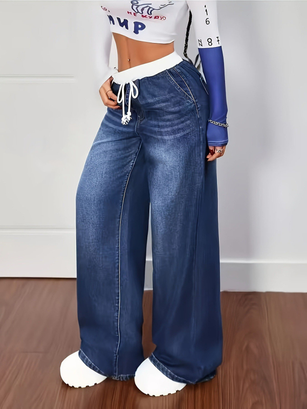 Naiste kõrge vöökoht, laiad denim püksid puuvilla-elastaani segu, pikad