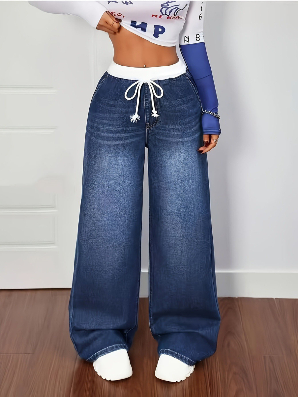 Naiste kõrge vöökoht, laiad denim püksid puuvilla-elastaani segu, pikad
