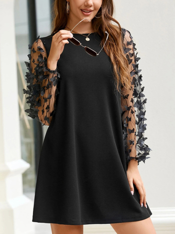 Šaty s patchworkovým sieťovým panelom, okrúhly výstrih, 3/4 rukávy, A-linijny strih, pulover štýl