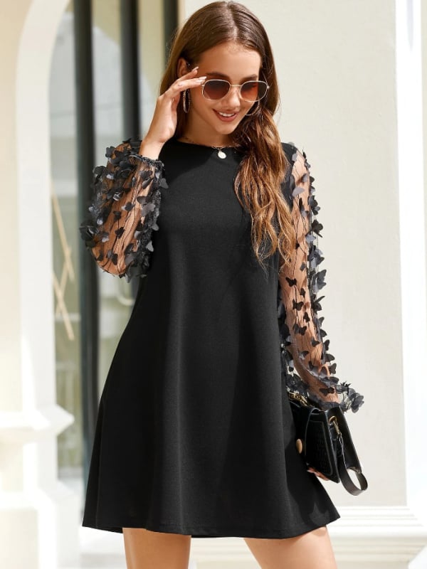 Šaty s patchworkovým sieťovým panelom, okrúhly výstrih, 3/4 rukávy, A-linijny strih, pulover štýl