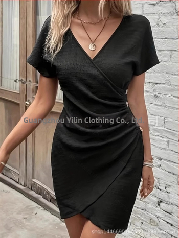 Kleit V-kaelusega, midi pikkusega, lühikeste varrukatega, polüester, kevad 2025, elegantne igapäevane stiil