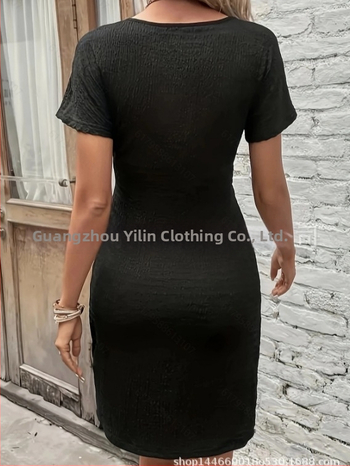 Kleit V-kaelusega, midi pikkusega, lühikeste varrukatega, polüester, kevad 2025, elegantne igapäevane stiil