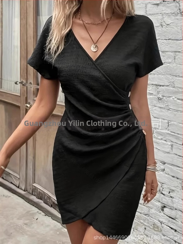 Šaty s V výstrihom, midi dĺžka, krátke rukávy, polyester, jar 2025, elegantný mestský štýl