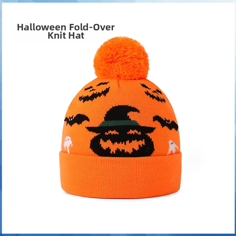 Laste pullover müts jacquard-mustriga kõrvitsaga, soe puuvill-poliesteri segu, kupolita tipp, sügis 2024