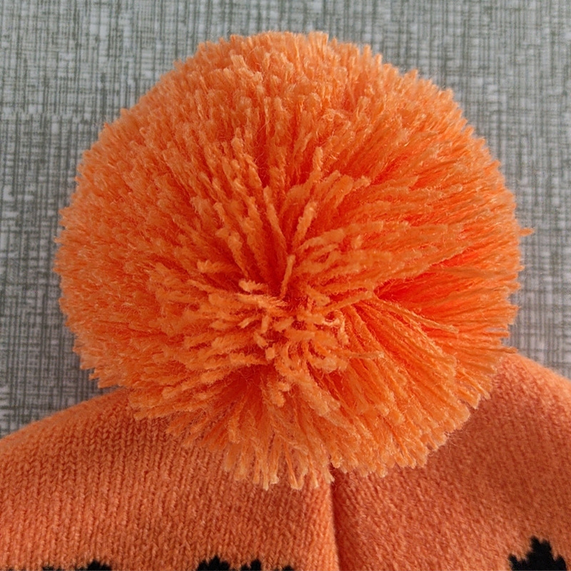 Laste pullover müts jacquard-mustriga kõrvitsaga, soe puuvill-poliesteri segu, kupolita tipp, sügis 2024