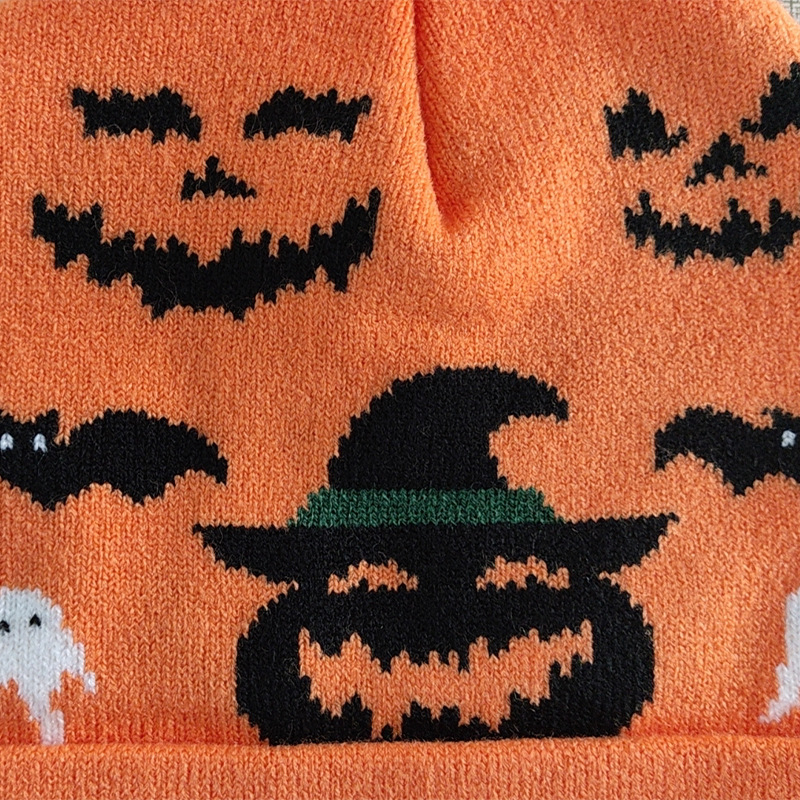 Laste pullover müts jacquard-mustriga kõrvitsaga, soe puuvill-poliesteri segu, kupolita tipp, sügis 2024